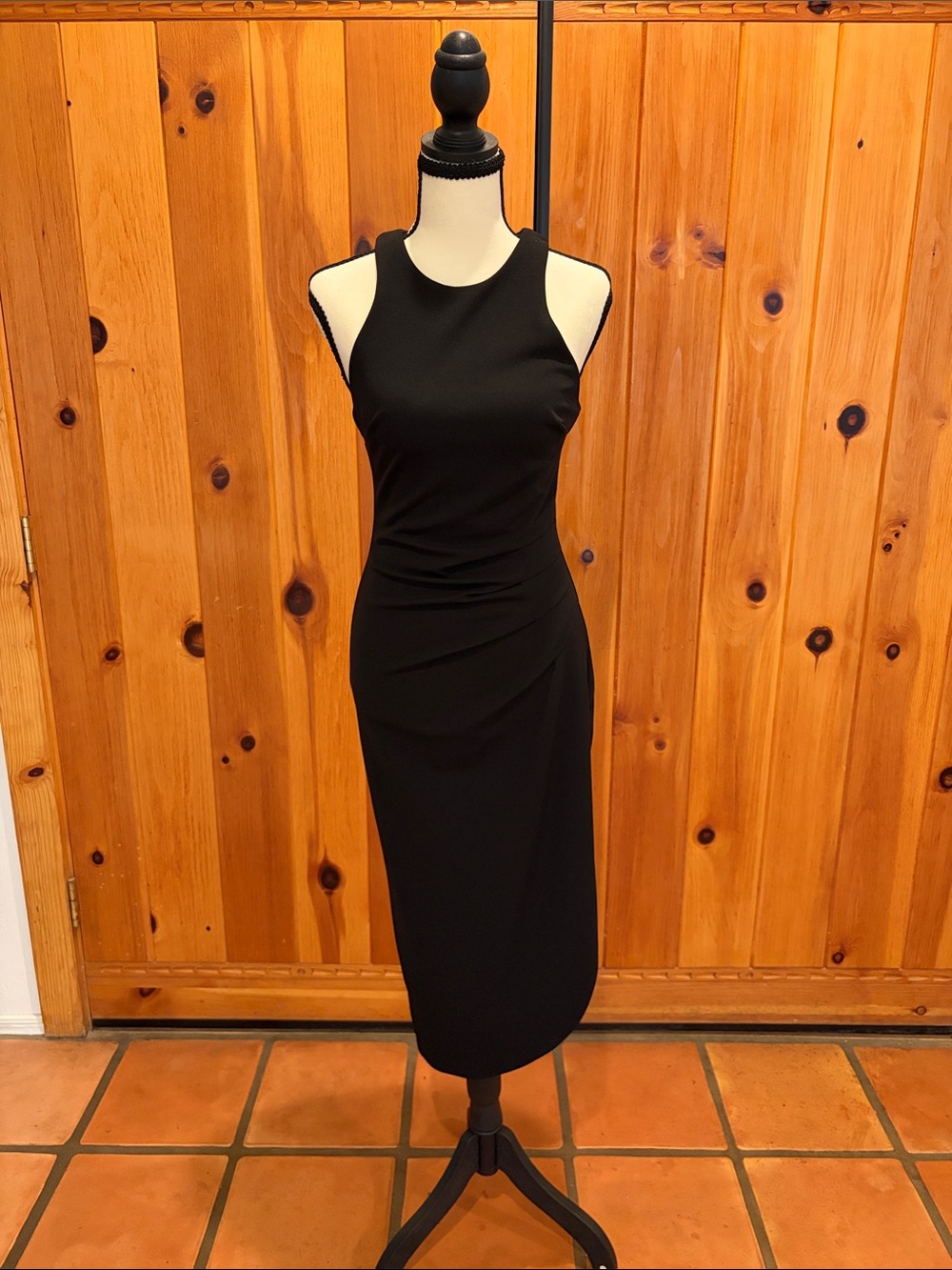Premier Amour Black Midi Evening Dress Size 2 Sleeveless Ruched Classic